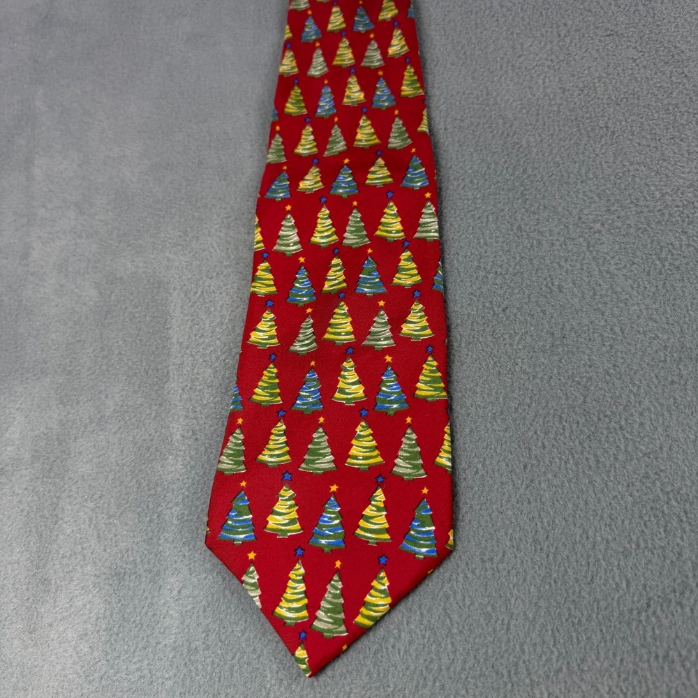 Lands End Mens Christmas Tree Silk Tie Red Holiday Festive Handsewn Long Necktie